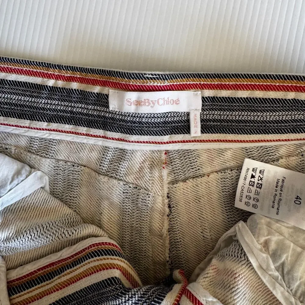 See By Chloe Jacquard Stripe Cotton Denim Shorts EU 40 Boho Retro Festival Indie - Picture 4 of 16